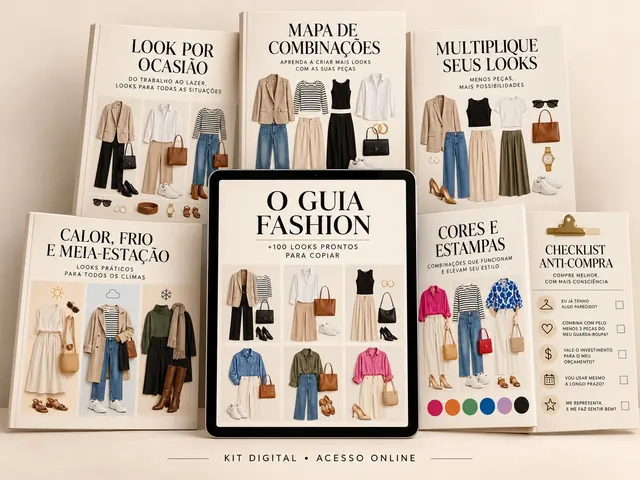 Kit digital Guia Fashion: guia principal e seis materiais complementares apresentados em mockups
