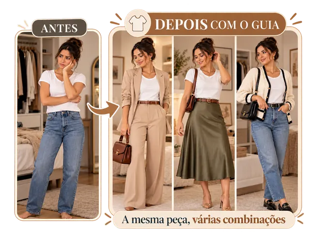 A mesma peça, vários looks: uma camiseta branca antes e depois de três combinações com o Guia Fashion